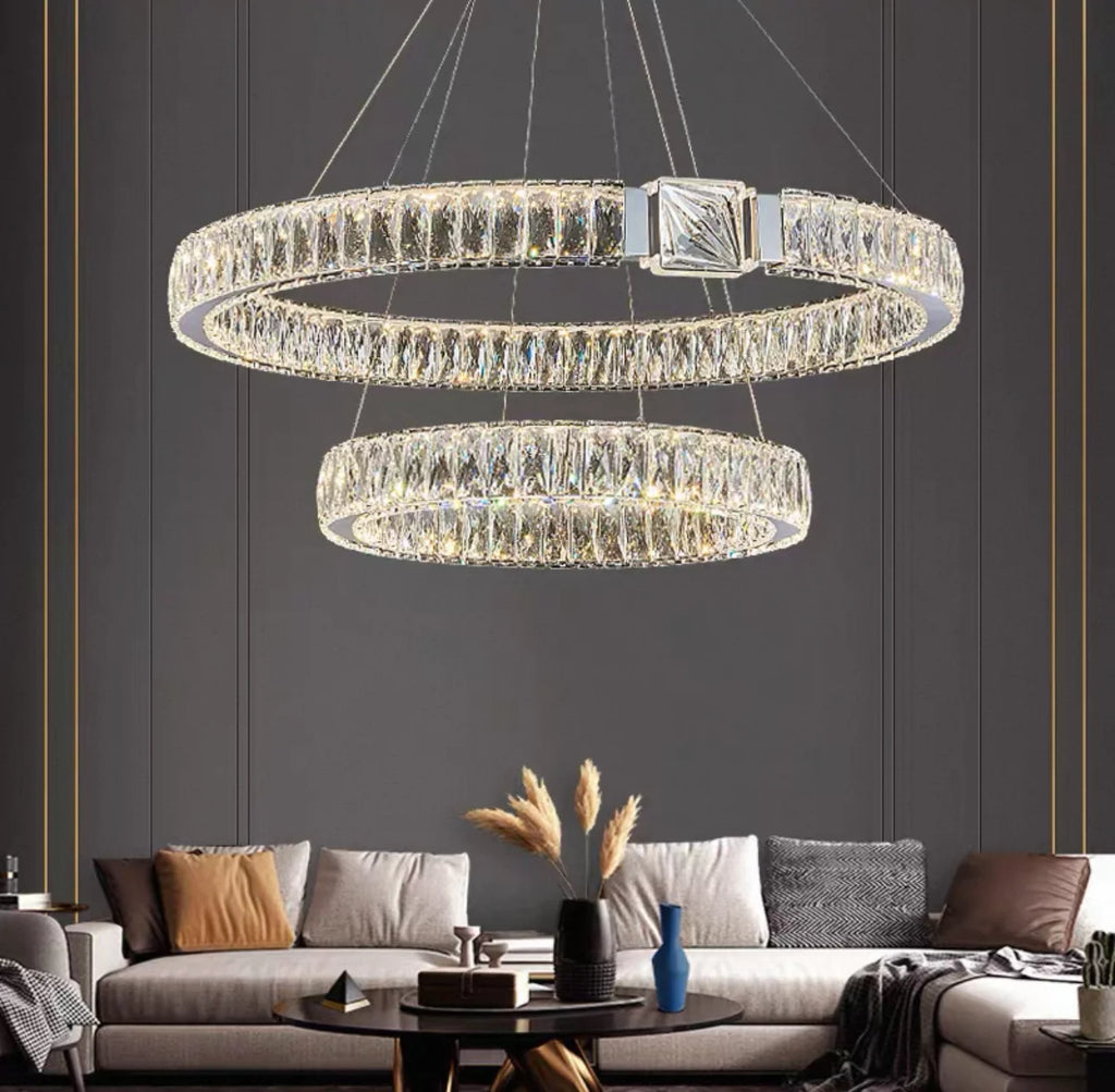 Circular ceiling light, living room stainless steel high adjustable crystal ring pendant light