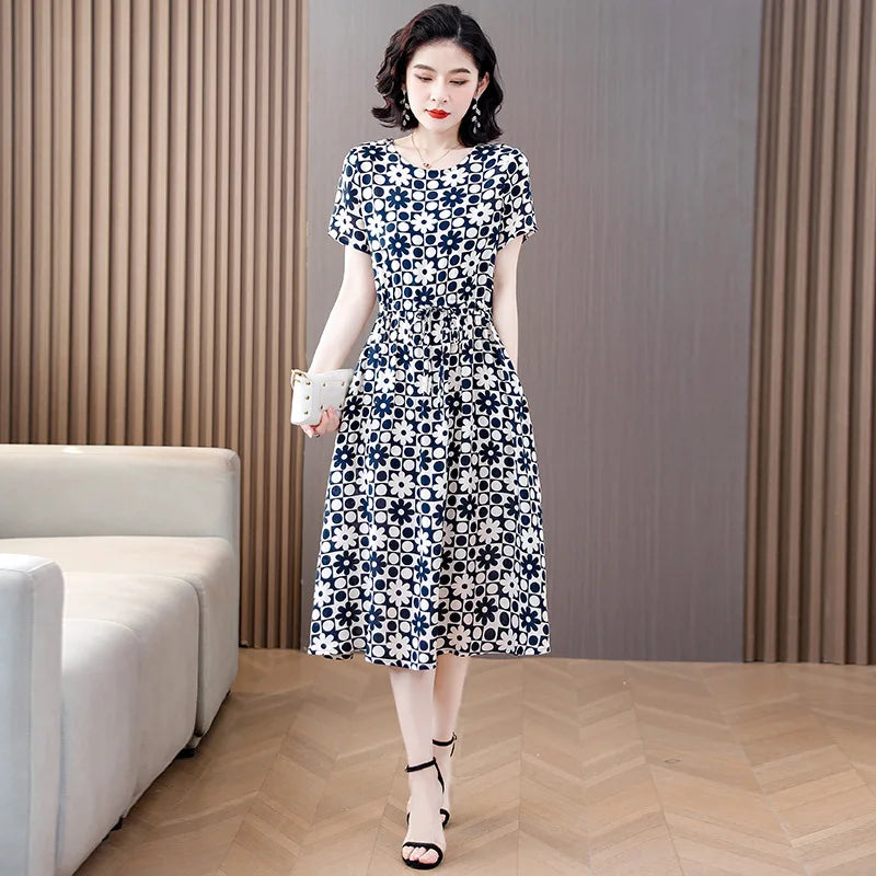 Women Floral Printed Summer Dresses O-neck Short Sleeve Fashion Printing Women's Simple Flower A-line Casual Dress