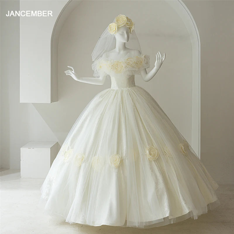 Princess Off Shoulder 3d Flower Ball Gown Wedding Dresses RL322