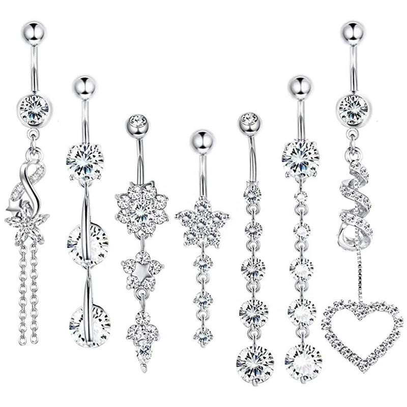 7Pcs/Set 14G Dangle Belly Button Rings for Women Girls 316L Surgical Steel Silver Plated Wedding Navel Ring Body Piercing