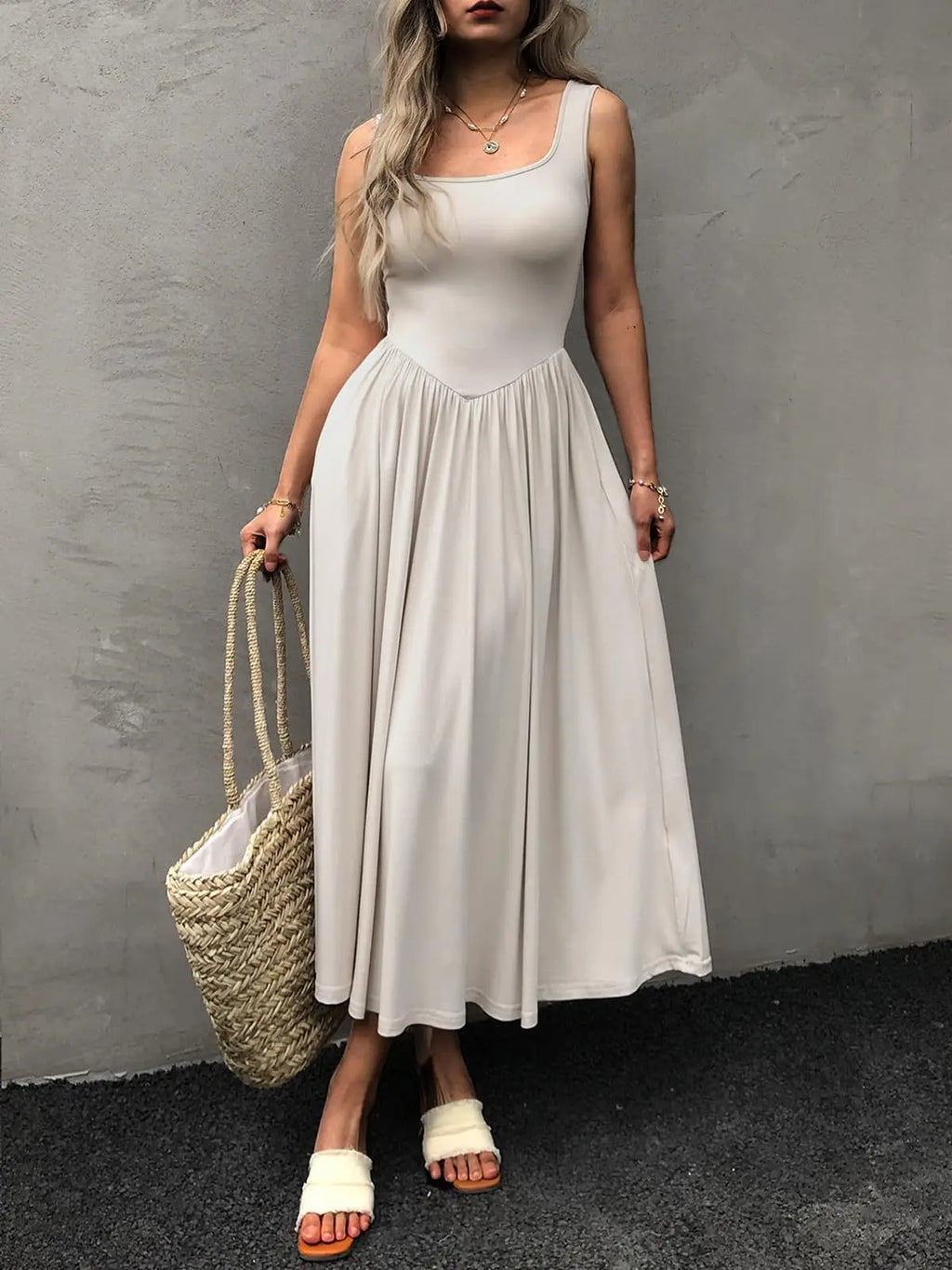 2025 Summer Women Tie Dye Midi Dress Square Neck Sleeveless Pleated Casual Beach Party Outfit