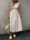 2025 Summer Women Tie Dye Midi Dress Square Neck Sleeveless Pleated Casual Beach Party Outfit