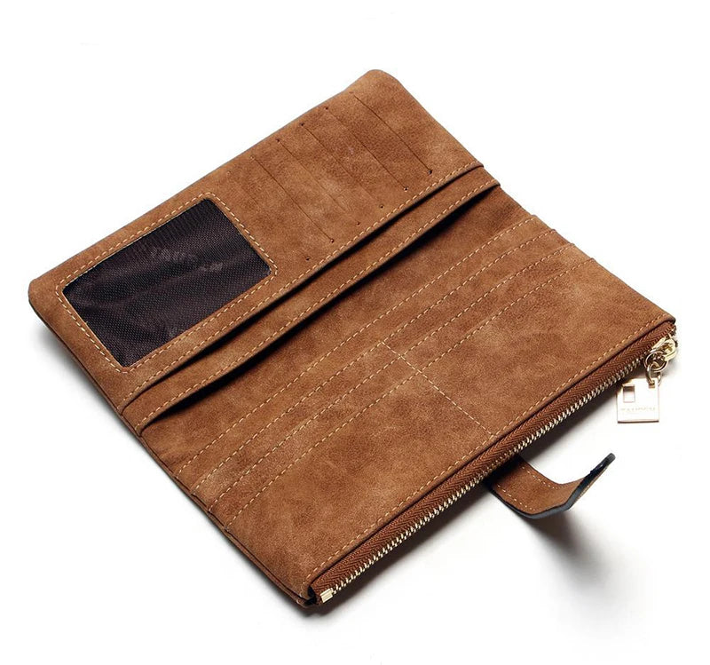 Vintage Women Long Standard Wallets Purse Fold Drawstring Nubuck Leather Zipper Suede Bag Female Simple Design Clutch Handbags