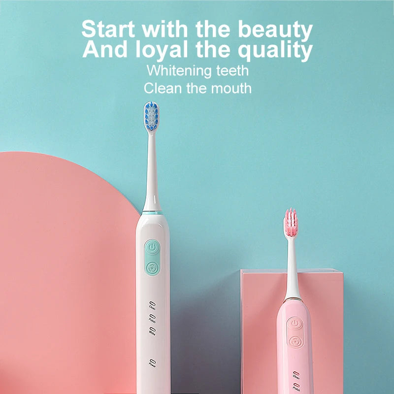 Whitening USB Rechargeable IPX7 Waterproof Sonic Toothbrush with LED Display and Replacement Heads for Travel & Hotel Use
