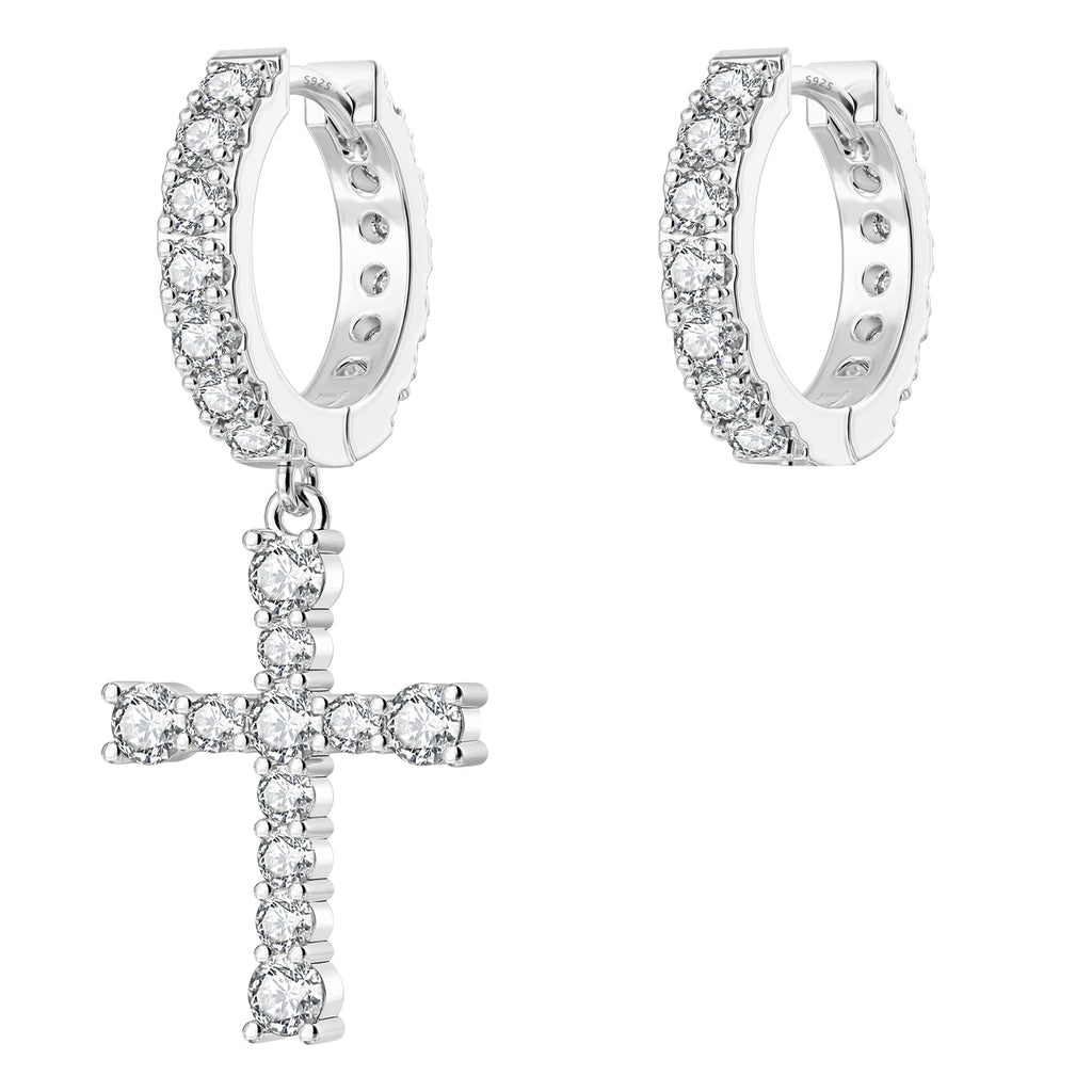 14K Gold Plated Dangle Cross Earring 925 Sterling Silver Women Men Birthday Gift CHRISTIAN 5A CZ Cubic Zirconia Hoop Earring