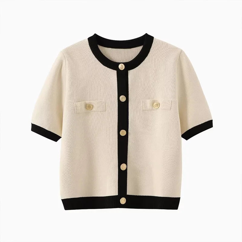 ZATRHMBM Women's 2024 New Fashion Short-sleeved Knitted Jacket Retro Round Neck Button Decoration Casual Short Sweater