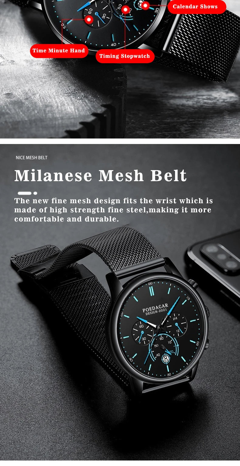POEDAGAR Men Watch Fashion Chronograph Slim Stainless Steel Mesh Quartz Men's Wristwatch Waterproof Luminous Date Sport Watch