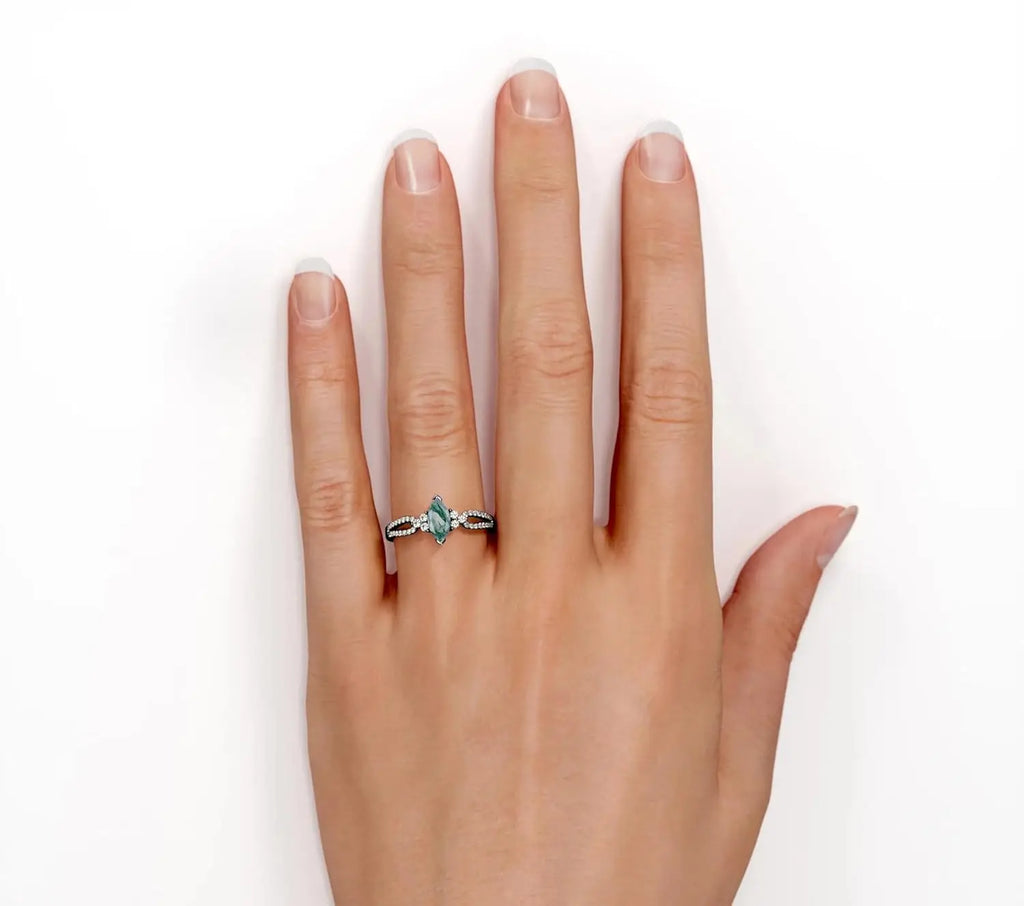 925 Sterling Silver Marquise Cut Engagement Ring with Moss Agate Moissanite Double Shank Engraved Design Prong Set Luxury Style