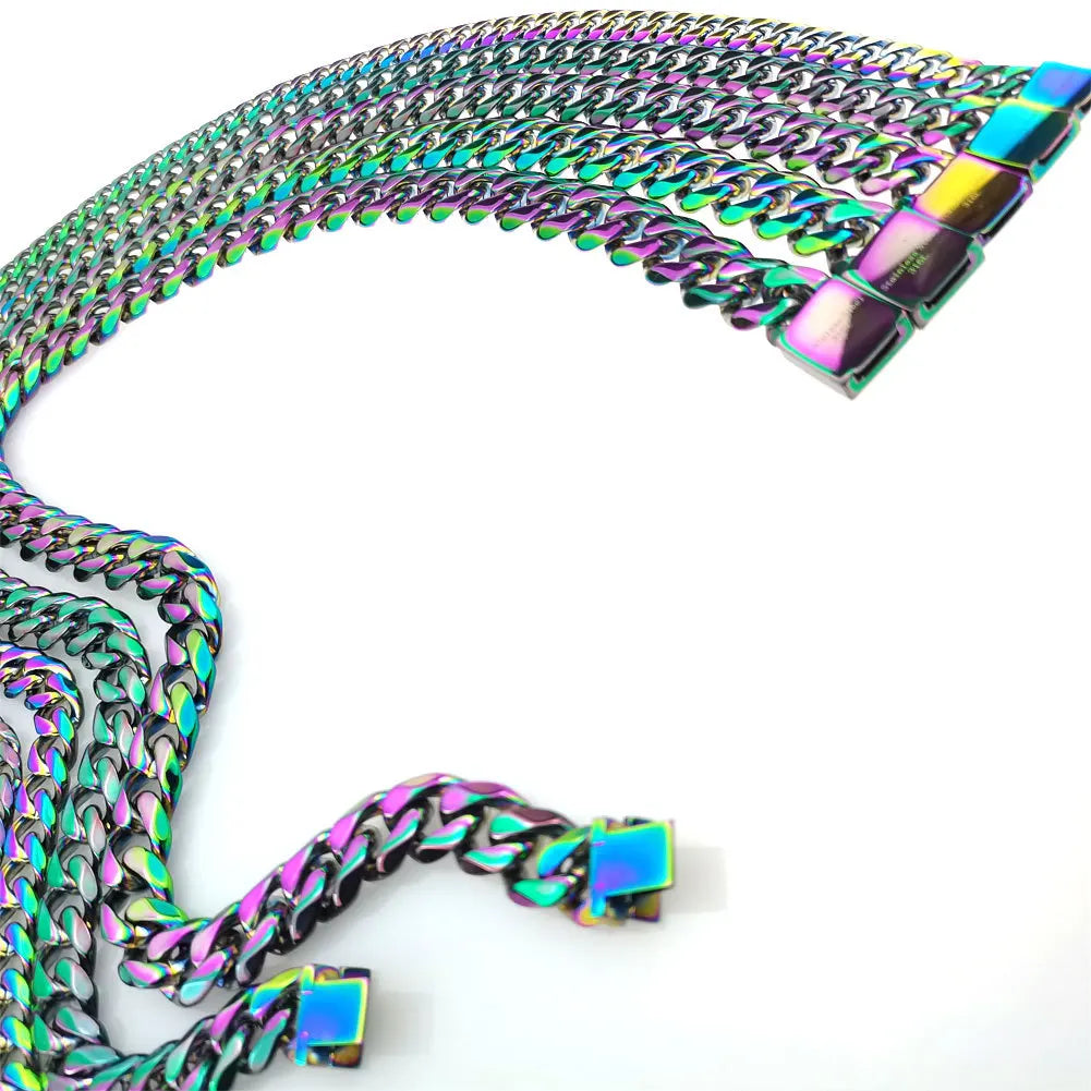 Nice Rainbow color  Mens Womens Cuban Link necklace Hip Hop Stainless Steel Chain Curb  9-16mm band width;18inch-30inch