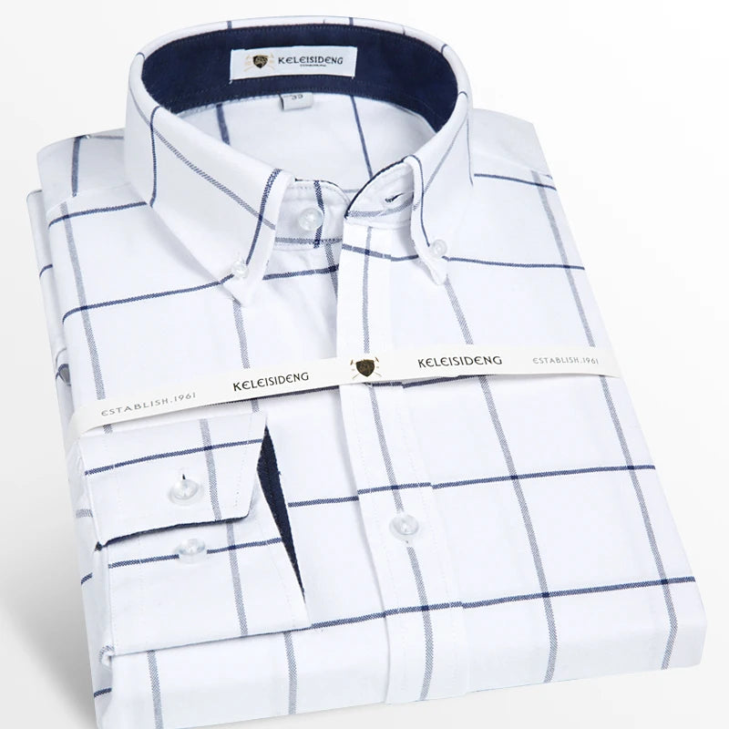 Men's Long Sleeve Thick Cotton Oxford Shirts with Front Pocket High Quality Smart Casual Stripe Plaid Button Down Dress Shirt