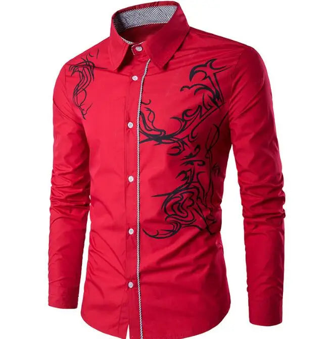 New Hot Chinese Style Dragon Pattern Print Long-sleeves Shirt Men's Social Business Slim-fit Lapel Shirt Male Tops