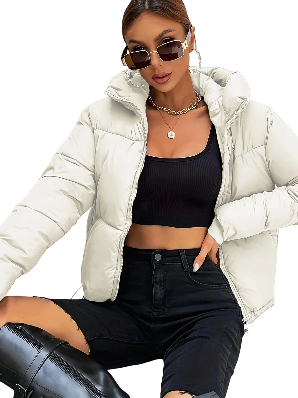 New 2026 Women's Winter Thick Short Casual Jacket with Stand-Up Collar and Zipper Solid-Color Winter Warm Bubble Crop Jacket