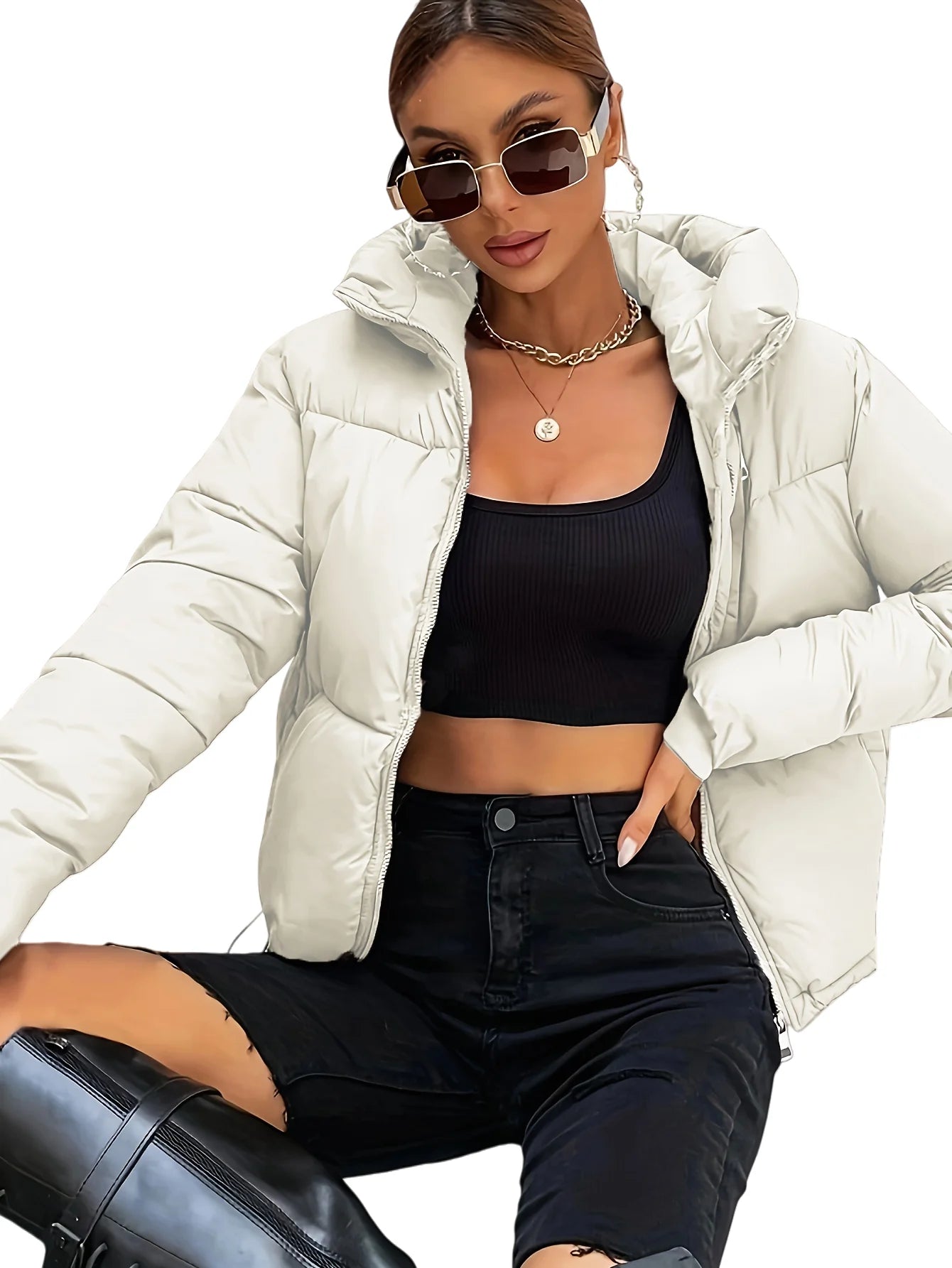 New 2026 Women's Winter Thick Short Casual Jacket with Stand-Up Collar and Zipper Solid-Color Winter Warm Bubble Crop Jacket