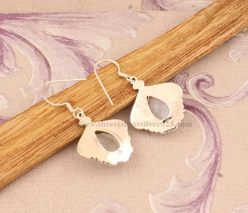 Rainbow Moonstone Solid 925 Sterling Silver Handmade Pear Stone Indian Earrings For Wedding Anniversary