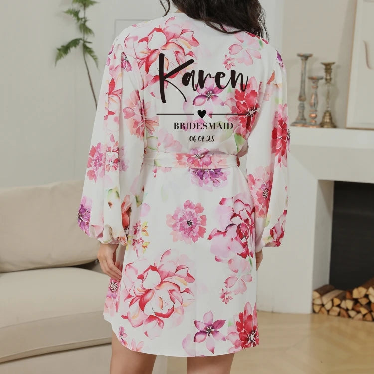 FUNG 8008 Bridal Prep Floral Satin Robe, Puff Sleeve Cooling Loungewear for Bridesmaids
