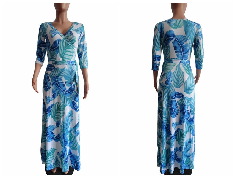 Autumn Fashion Plaid Printed Long Swing Dress Vintage Style Sexy Deep V Quarter Sleeve Boho Maxi Dress ESMR8834
