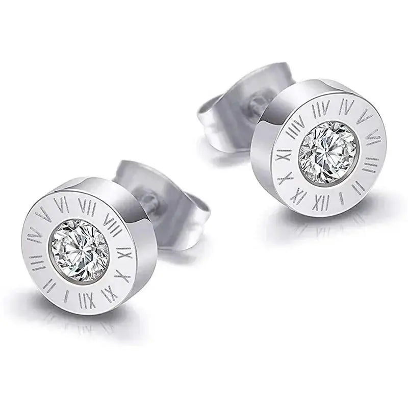 Fashion Chic Stainless Steel  Crystal Stud for Women Men Jewelry Vintage Roman Numerals Small Earring