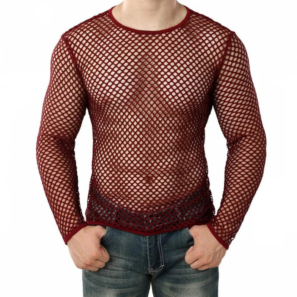 Mens Transparent Sexy Mesh T Shirt New See Through  Fishnet Long Sleeve Muscle Undershirts Nightclub Party Perform Top Tees