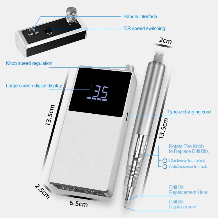AT-NDB-012 Nail Drill E File Engrave Machine Polishing Manicre Salon Sander Rechargeable Brushless Drill Handle with 12 Bits