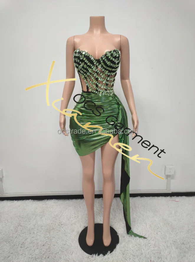 Ocstrade Shiny Rhinestone Performance Wear Solid Color Strapless Asymmetric Draped Sexy Mini Performance Dress for Singer