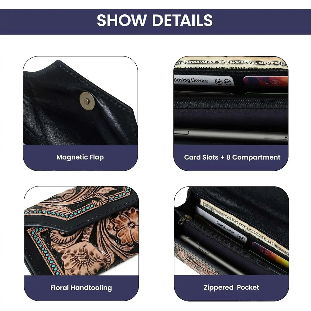 Rustic Vintage Cowhide Leather Trifold Wallet Hand Tooled RFID Card Holder for Men & Women