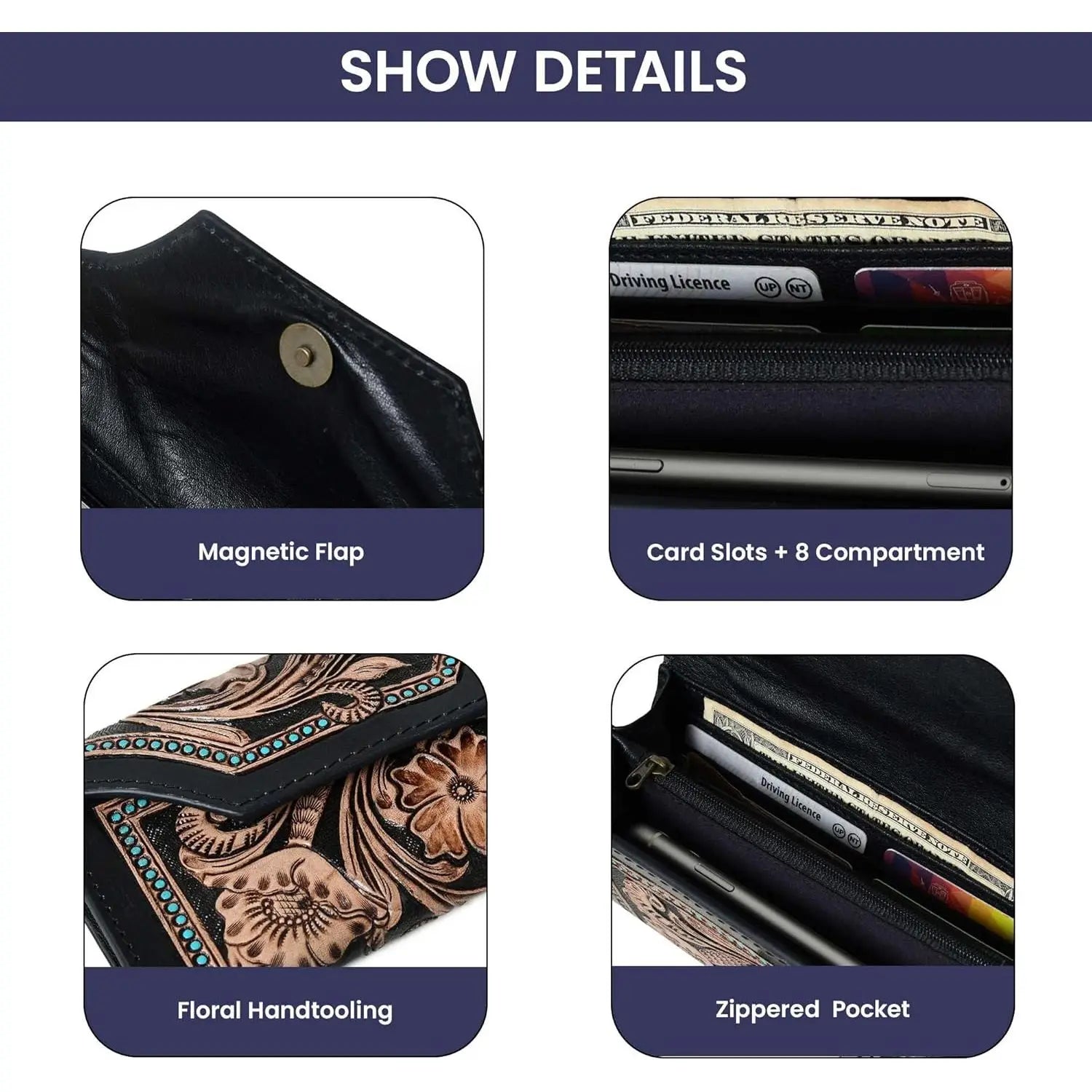 Rustic Vintage Cowhide Leather Trifold Wallet Hand Tooled RFID Card Holder for Men & Women