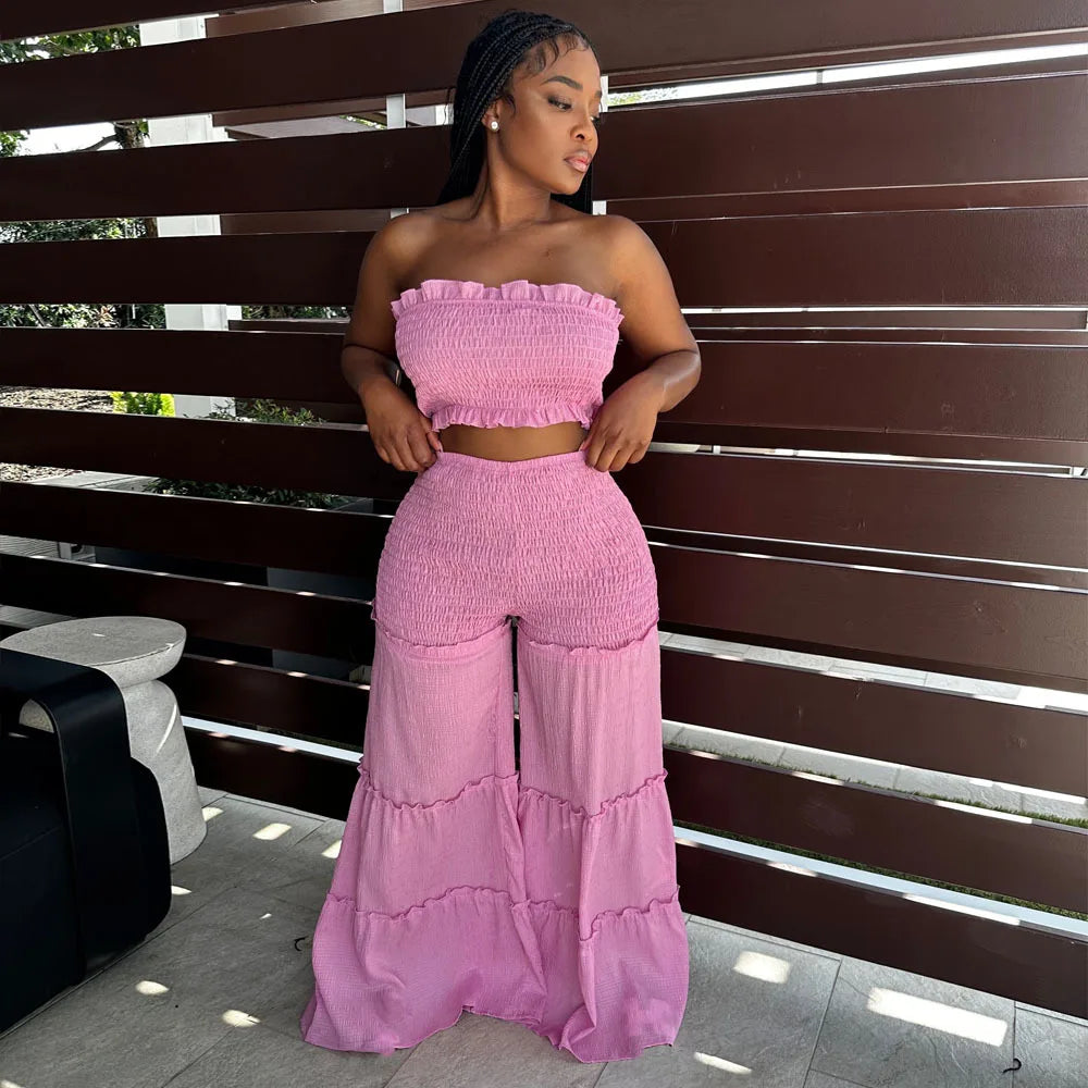 New Arrival Women Set Sexy Bubble Crepe Fabric With Wooden Ear Edge Patchwork Strapless Pants Two-piece Set