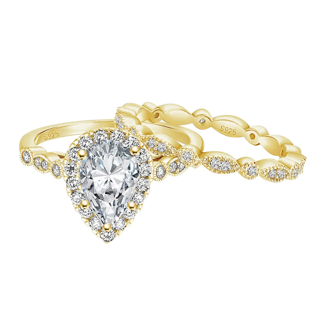 OAHLAN 1.5CT Zircon 925 Sterling Silver Gold Plated Women Ring Sets Wedding Teardrop Engagement Rings Anniversary Gift Jewelry