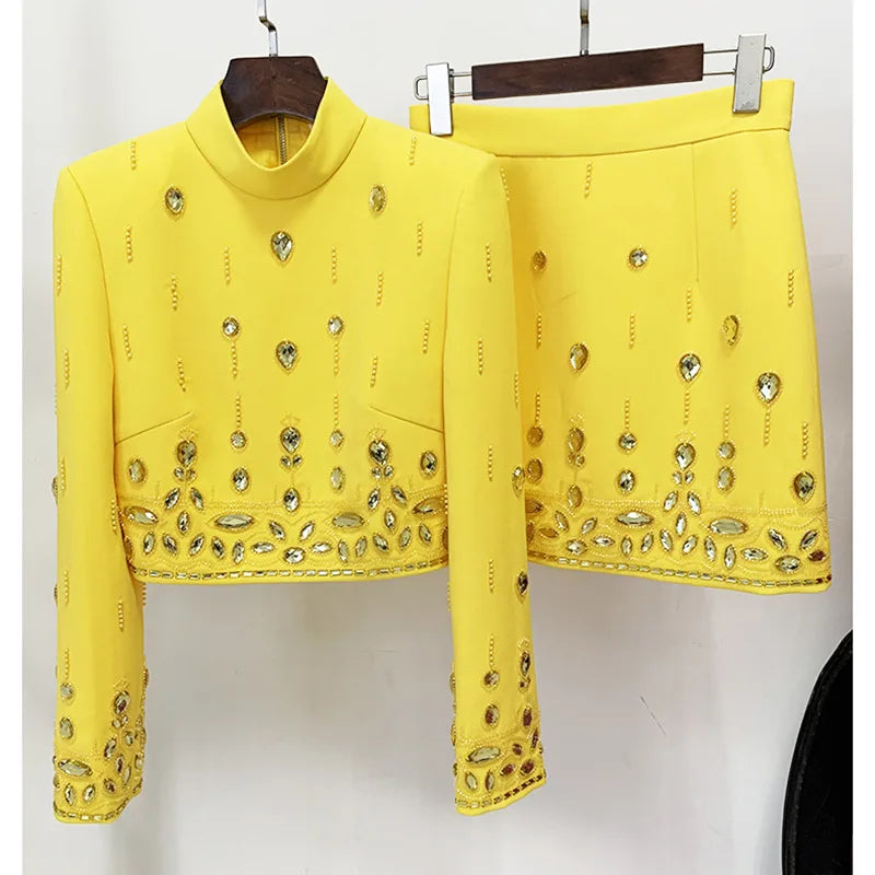 European Style Lady Office Work Suit Fine Workmanship Beading Rhinestone Turtleneck Tops Pencil Mini Skirt Women 2Pcs
