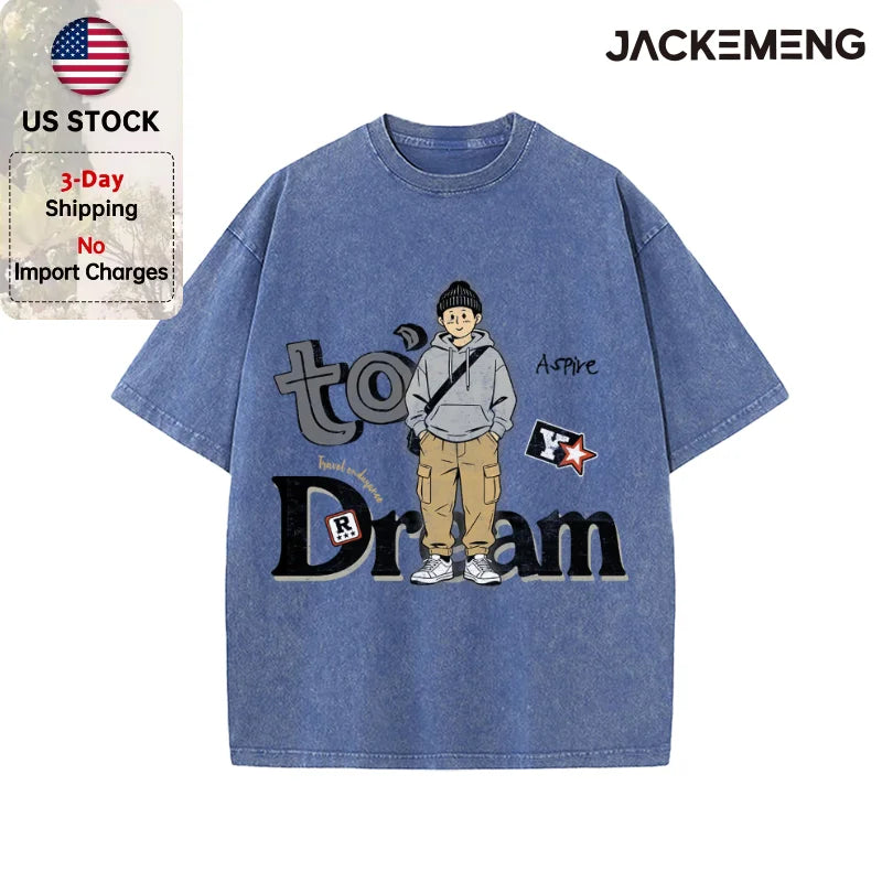 Oversized Washed Retro Cartoon Streetwear Print Tshirt USA Stock Wholesale Y2K Casual Tee