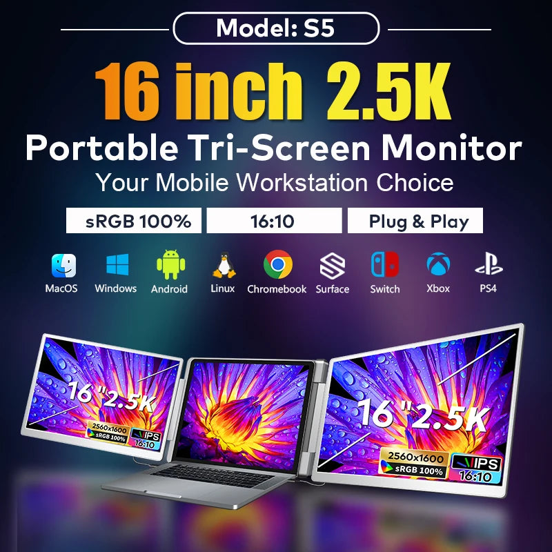 Triple Portable Monitor for Laptop Screen Extender HD Three Monitor 16'' 2560P IPS Display