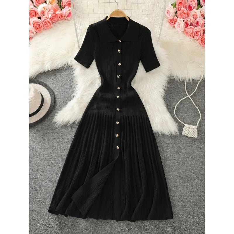 Button Lapel Slim Fit Knitted Short Sleeve Collar Wholesale Sweater Rib Slim Ruffles Polo Casual Elegant Long Dress Women
