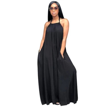 Womans Summer Sexy Thin And Light Open Back Wide Loose Solid Color Dress Clothes