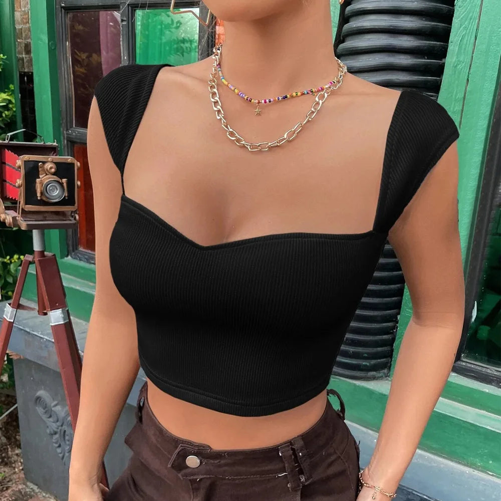 Casual Basic Ribbed Knit Crop Top for Women Summer Sleeveless Square Neck Tank Cute Tee Grunge Y2K Korea Fashion Streetwear 2343