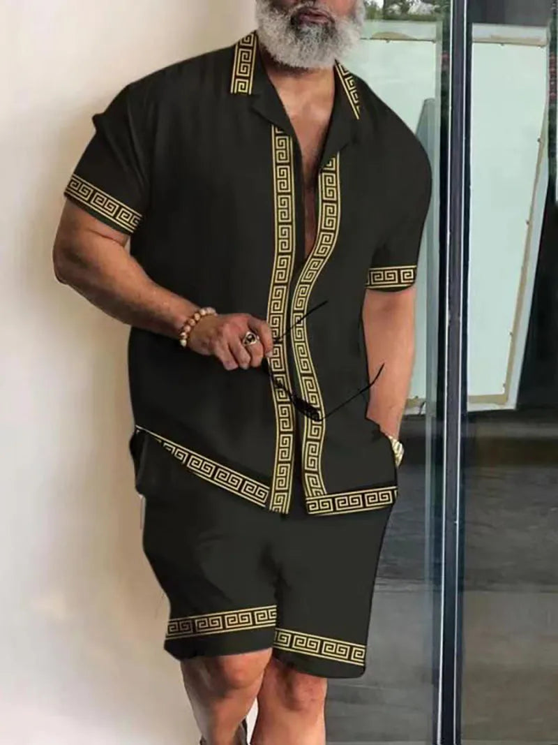 New Men Sets Print Patchwork Lapel Short Sleeve Casual Shirt Beach Shorts Summer Men Streetwear Vacation Hawaiian Suits
