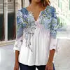 2024 Spring Summer New Fashion Women's Casual Floral Print V-Neck Elegant T-Shirt Full Sleeved Pleated Button T-shirt