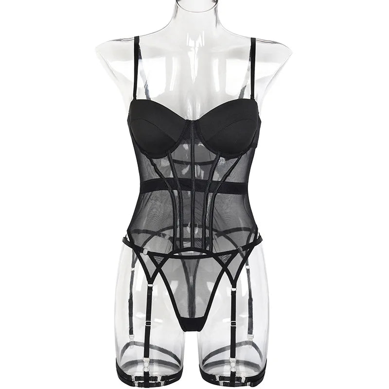 High Quality Bodysuit DP Black Comfort Mesh Breathable Underwire Leg Rings Mesh Shape Separate Sexy Lingerie Set