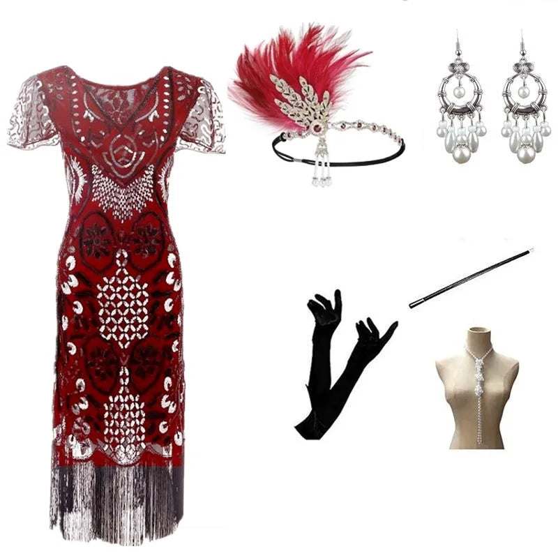 Halloween Cosplay Dress for Women 1920s Vintage Flapper Long Fringe Beaded Gatsby Party Dress With 20s Accessories Set