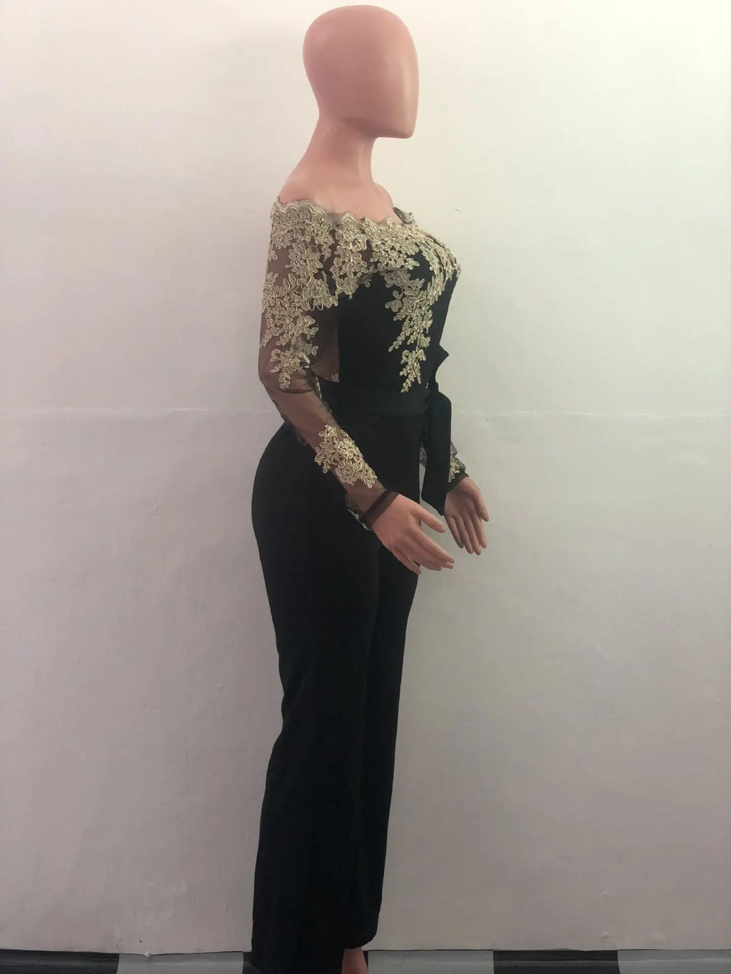 OEM ODM Women Clothing Elegant Overalls Off Shoulder Slash Neck Embroidery Lace Office Casual Jumpsuit