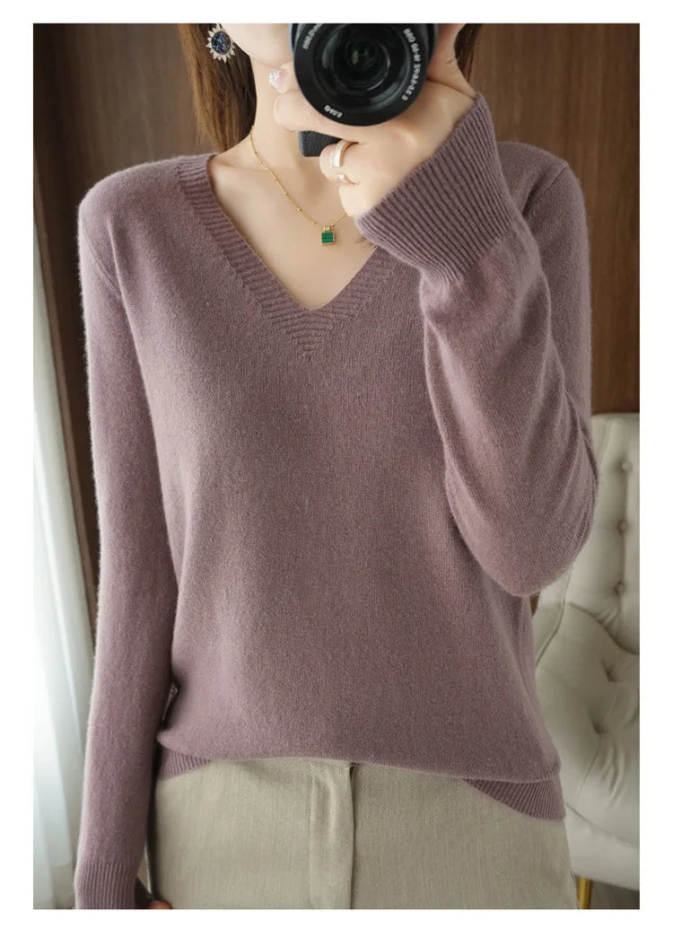Women's Sweater 2025 Autumn Winter Knitted Pullovers V-neck Slim Fit Bottoming Shirt Solid Soft Knitwear Jumpers Basic Sweaters