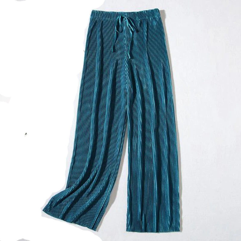 Women Fashion Summer Wide Leg Pants Pleated Ice Silk Trousers Elastic Waist Loose Casual Classic Base Girls Gifts Wear Pants