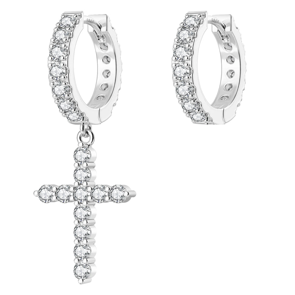 14K Gold Plated Dangle Cross Earring 925 Sterling Silver Women Men Birthday Gift CHRISTIAN 5A CZ Cubic Zirconia Hoop Earring