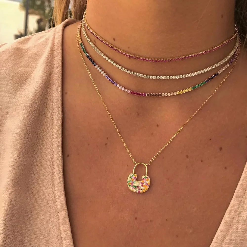 2024 New Arrived Hot Selling European Women Jewelry Choker 2mm CZ Tennis Chain rainbow Necklace for Women