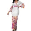 Hot Selling Flower Polynesian Tribal Bell Sleeve V Neck Long Maxi Slit Dress Custom Plus Size Womens Dresses Island Style Dress