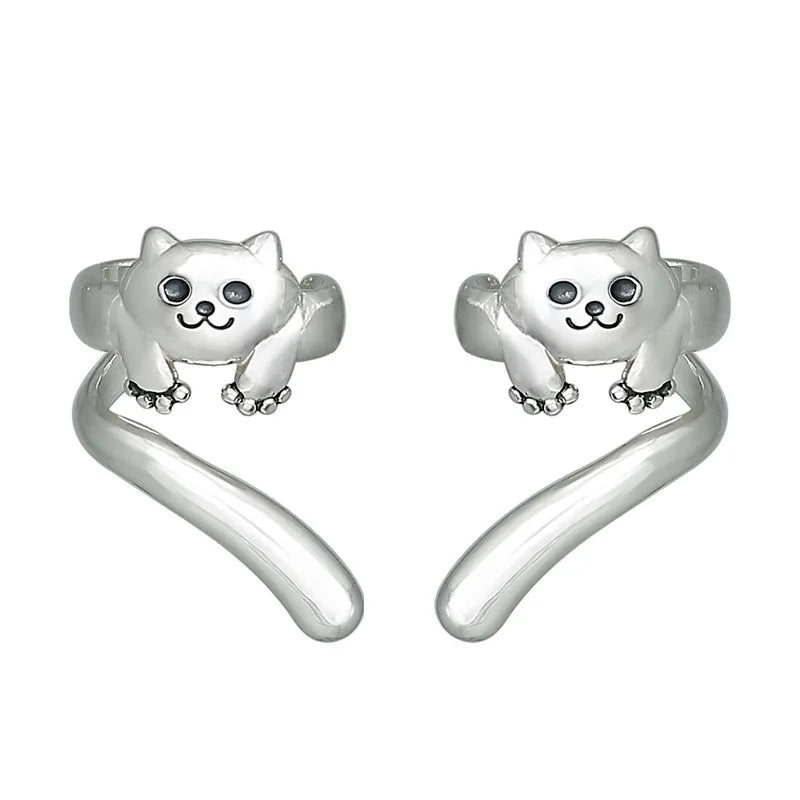 Antique Silver Cat Cuff Clip-on Earrings Women Cute Animal Shape Zircon Fashion Jewelry Alloy Material Four Seasons Versatile