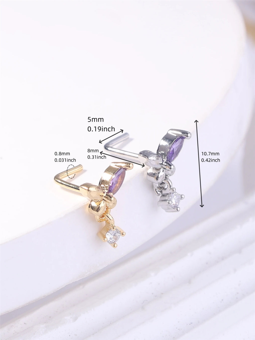 L Shaped Dangling Nose Studs Rings Butterfly Design for Women Girl Gold CZ Dangle Nose Pin 20G Nose Piercing Jewelry Wholesale