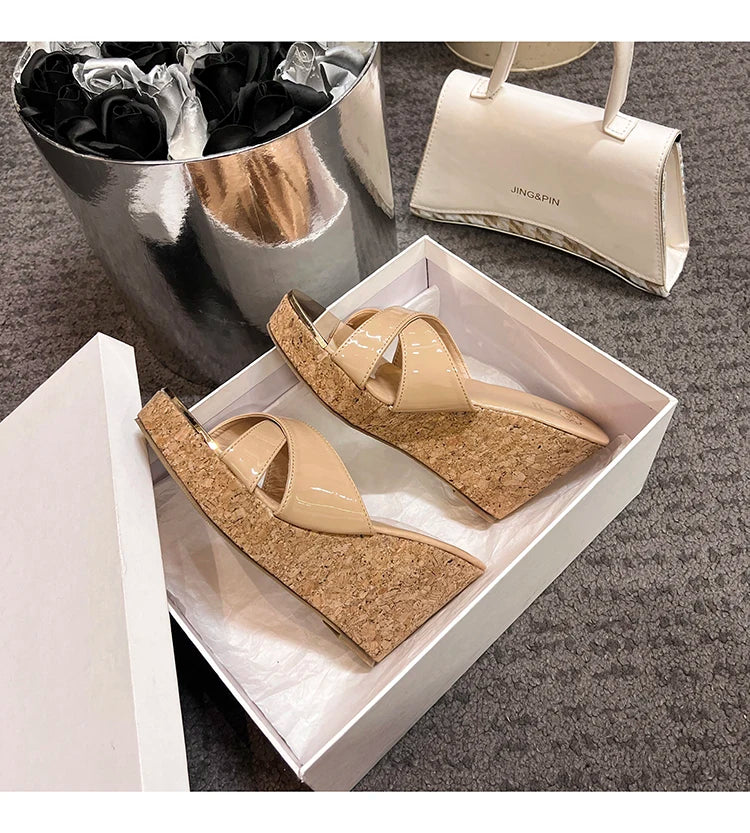 Popular Summer New Style Small Chili Cross Iron Head Fish Mouth Slope Heel High Heel Slippers 9cm 11cm 13cm