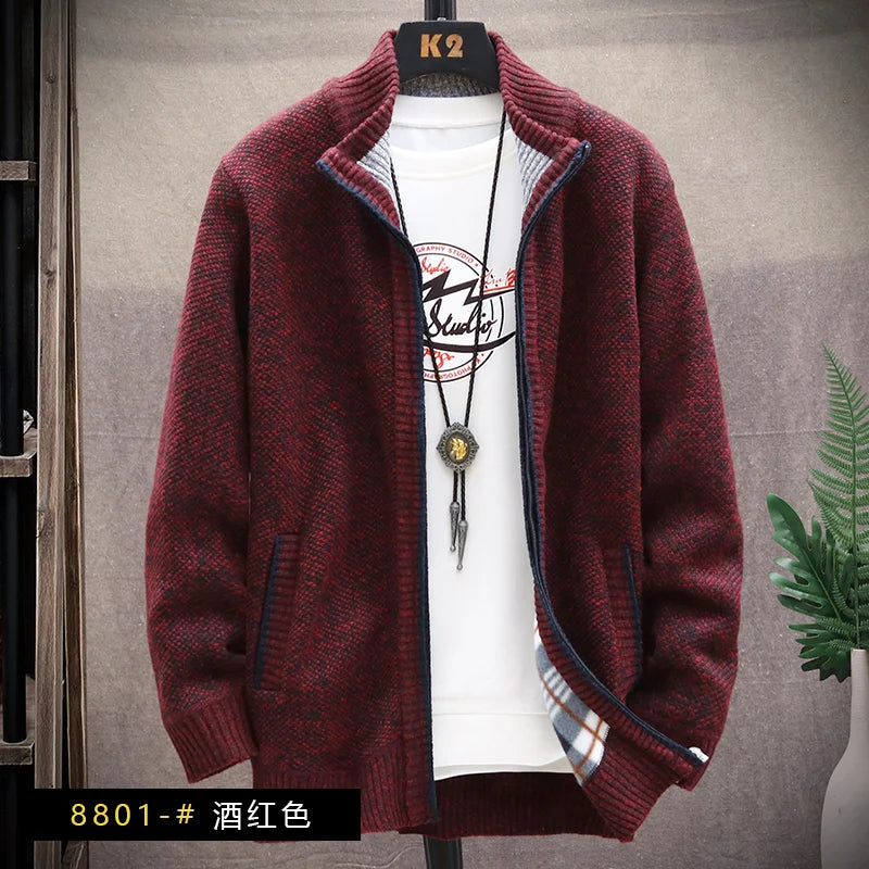 Autumn Winter Men's Sweaters Hooded Knit Cardigan Korean Sweaters Jacket Fleece Lined Hoodies Windbreaker Coat