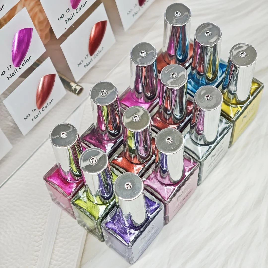 New Fantasy OEM Private Label Metallic Air Dry Nail Polish 12 Colors Set Vegan Attractive Regular Mirror Effect Nail Lacquer Kit