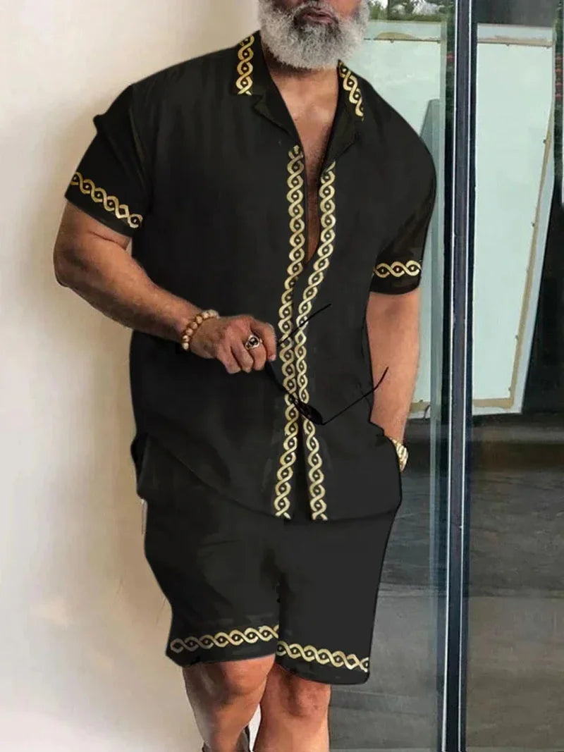 New Men Sets Print Patchwork Lapel Short Sleeve Casual Shirt Beach Shorts Summer Men Streetwear Vacation Hawaiian Suits
